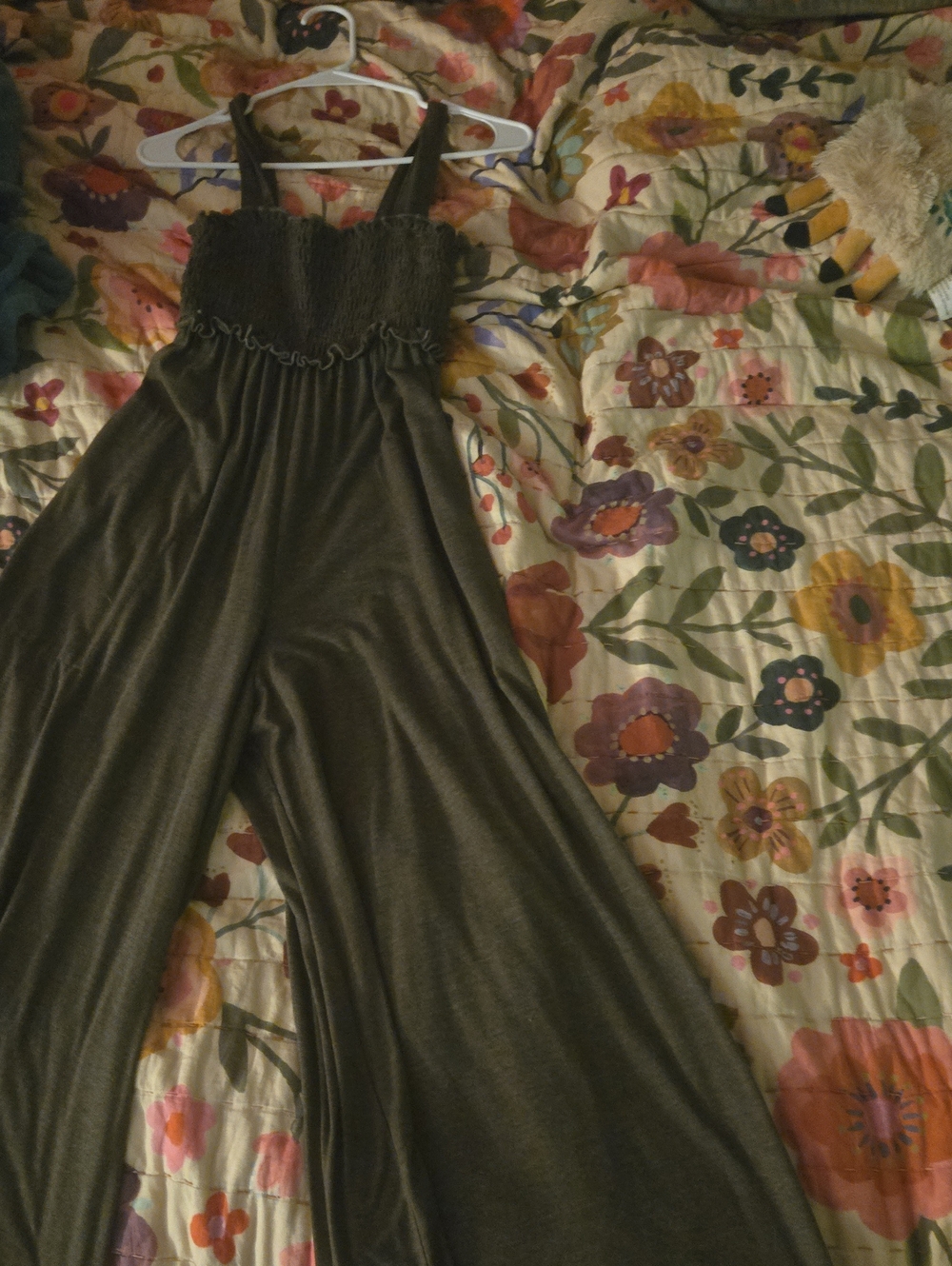 NATURAL LIFE Olive Green Smocked Wide-Leg Jumpsuit